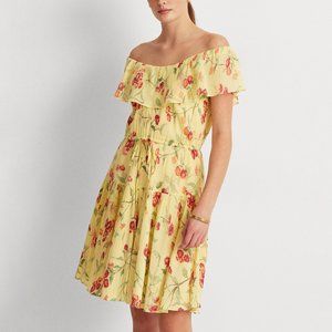 Lauren Ralph Lauren Women Floral Off Shoulder Crinkled Cotton Dress Sz 16 Yellow